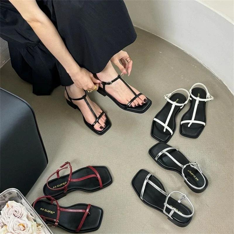 Damesschoenen 2024 Nieuwe Enkelband Dames Sandalen Zomer Knijpteen Gesp Effen Platte Casual Strand Sandalen Zapatos De Mujer