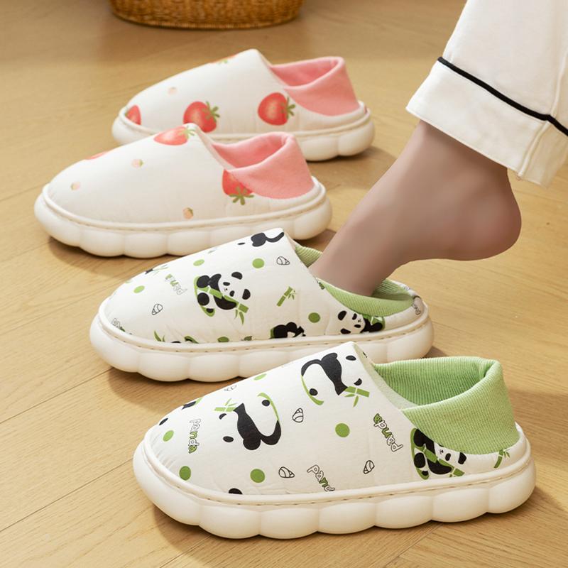 Fashion Cartoon Printed Home Cotton Slippers Women 2025 Indoor Non Slip Soft Sole Pregnant Shoes Woman Breathable Thick Bottom Slides