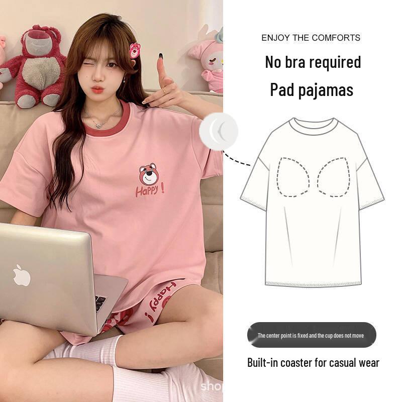 Women's Short-Sleeve Pajama Set with Built-in Bra Pads, 2025 Spring/Summer/Autumn Collection