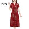 Women Summer Dress V Neck Long Sleeve Chinese Style Short Sleeves Printed A Line Pleated Pockets Knee Length Mid Aged Women Mother Midi Dress