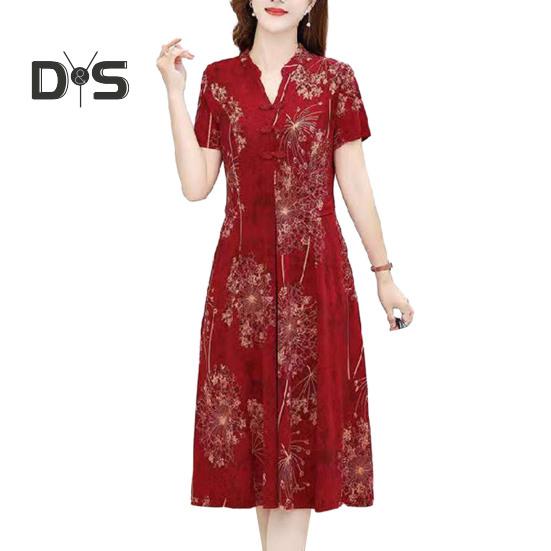 Women Summer Dress V Neck Long Sleeve Chinese Style Short Sleeves Printed A Line Pleated Pockets Knee Length Mid Aged Women Mother Midi Dress
