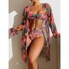Split Three Piece Floral Printed Swimsuit Women Bikini Set Wireless Bra with Pad Sport Top Long Sleeve Blouse Swimwear Plus Size