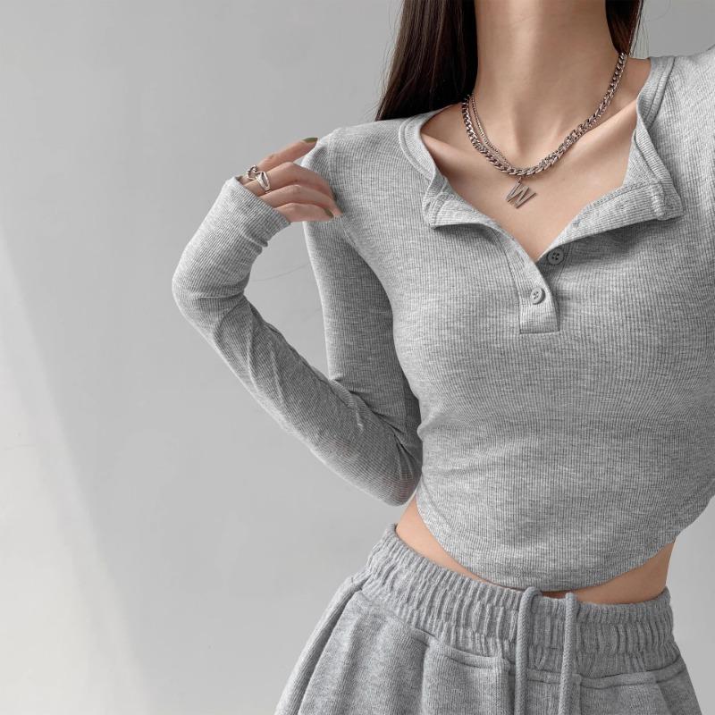 Women's Blouse Long-sleeved T-shirt Spring and Autumn Half-open Collar Solid Colour Bottoming Shirt Slim Spice Girls Short Tops