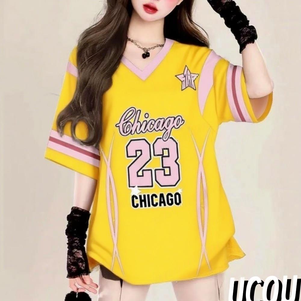 Summer Style Printed V-neck Women's Short-sleeved T-shirt, Baseball Jacket, Casual Top, Loose-fitting Women's Clothing