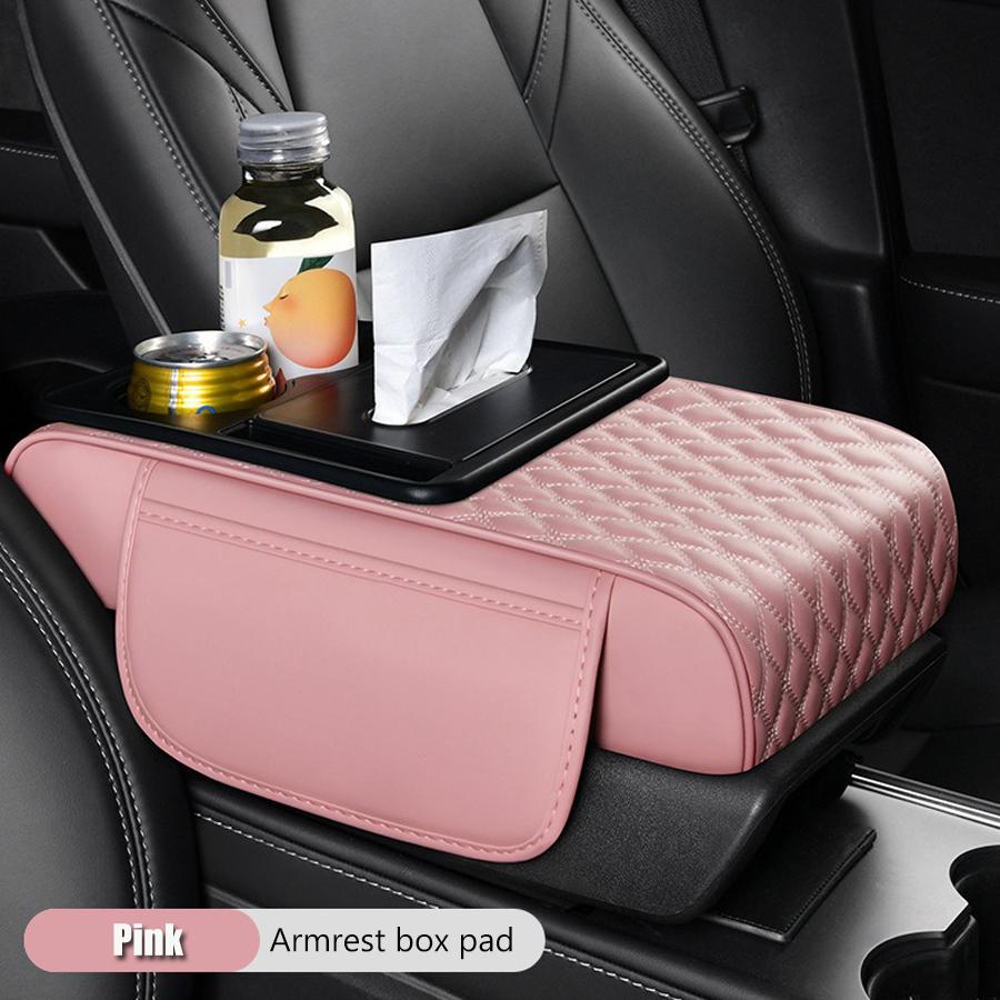 Hochwertiges Armlehnenpolster für die Mittelkonsole im Auto, mit Taschentuchbox und 2 Getränkehaltern, PU-Leder-Armlehnenbox-Pad, tragbares Armlehnenkissen für das Auto