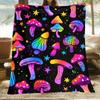 Colorful psychedelic mushrooms stars black background flannel blanket trippy art blanket hippie decor mushroom pattern throw