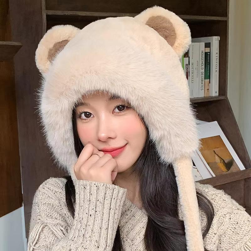 

Жіноча зимова пухнаста хутряна шапка-біні для захисту вух, мультяшна шапка у формі ведмежих вух, тепла плюшева шапка-череп, корейська дівчина, шапки для катання на лижах та ковзанах бежевий