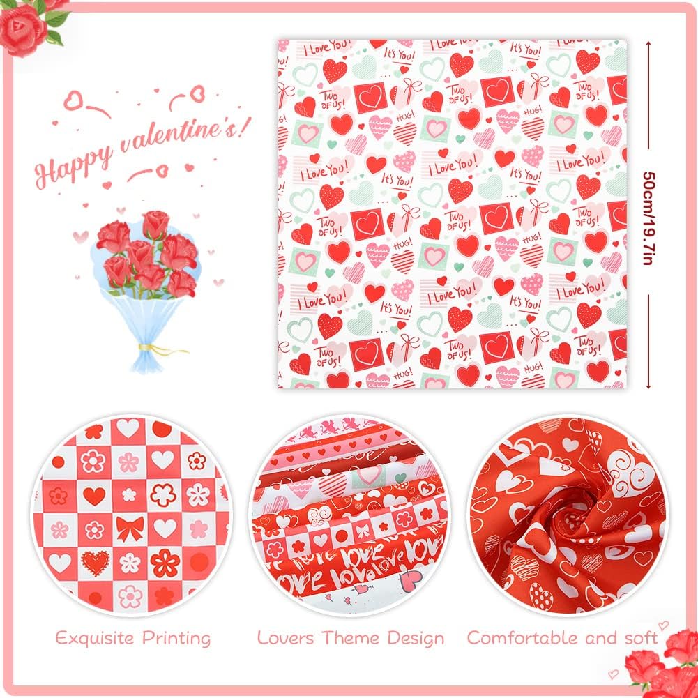 Valentine's Day Cotton Fabric Squares 20x20 Inch, 8PCS Valentine Fabric Heart Print Red Pink Patchwork Sewing for DIY Crafts Supplies, Gift Wrap for