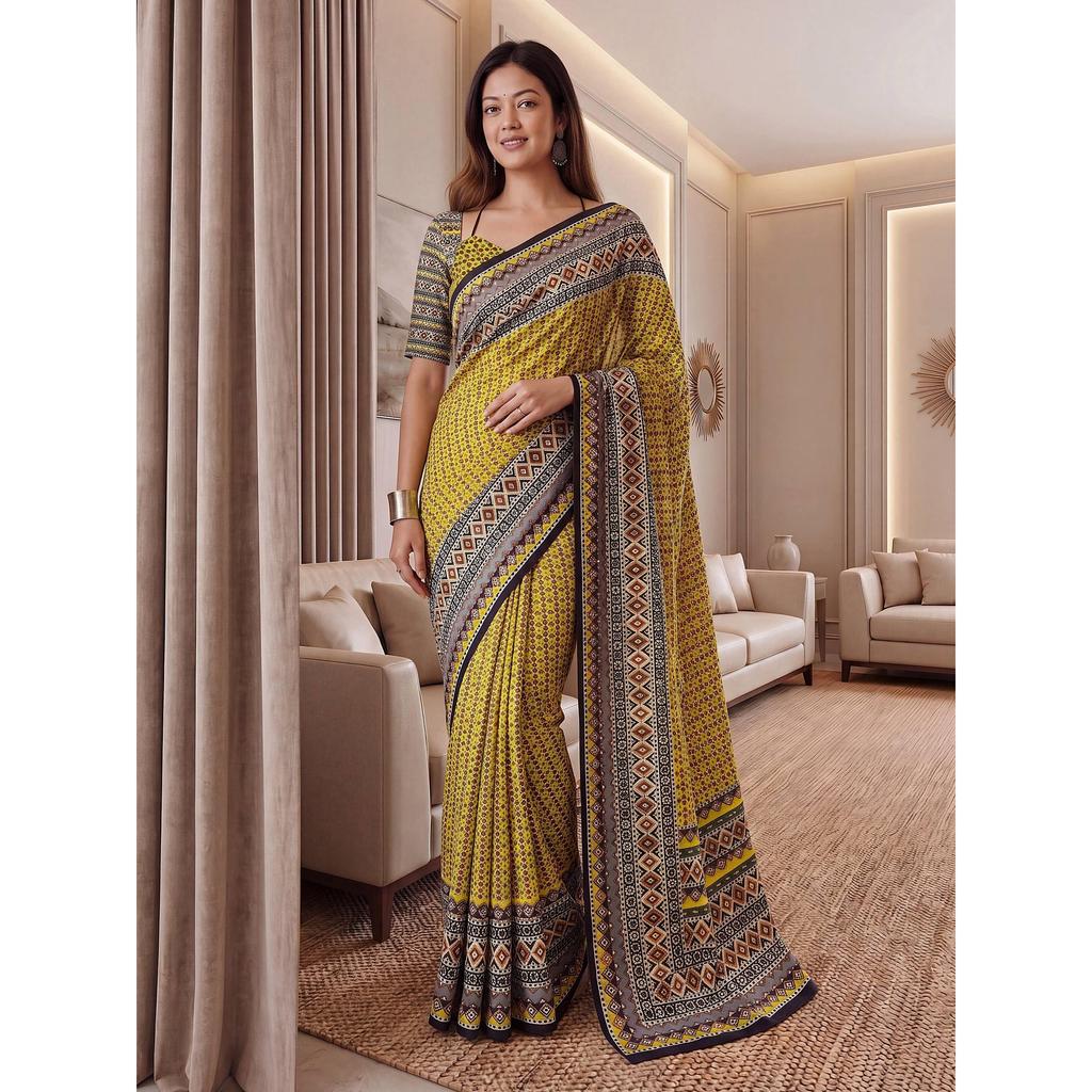 Neue Kollektion von Designer-Sarees im Ajrak-Druck