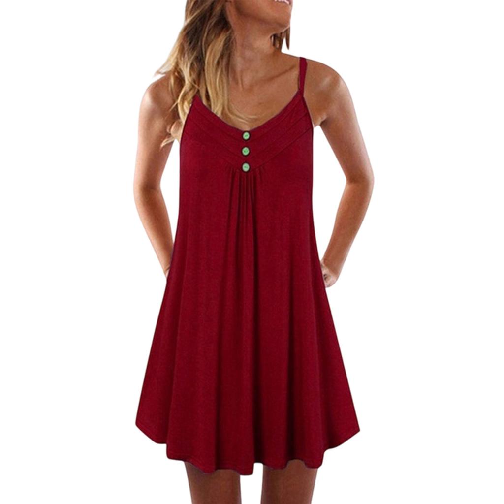 Damen Freizeitkleid mit V-Ausschnitt, ärmellos, Knopfleiste, lockere Passform, Farbe, für den Alltag