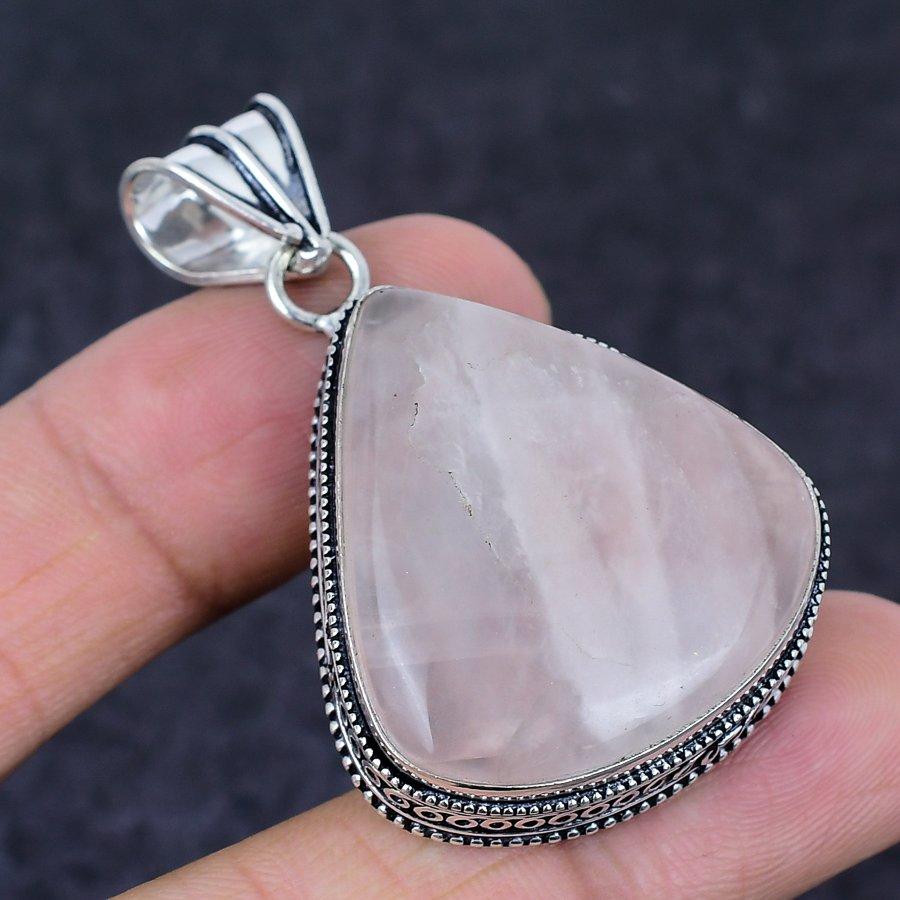 Rose Quartz Gemstone Handmade 925 Sterling Silver Jewelry Pendant 2.01" D4O21