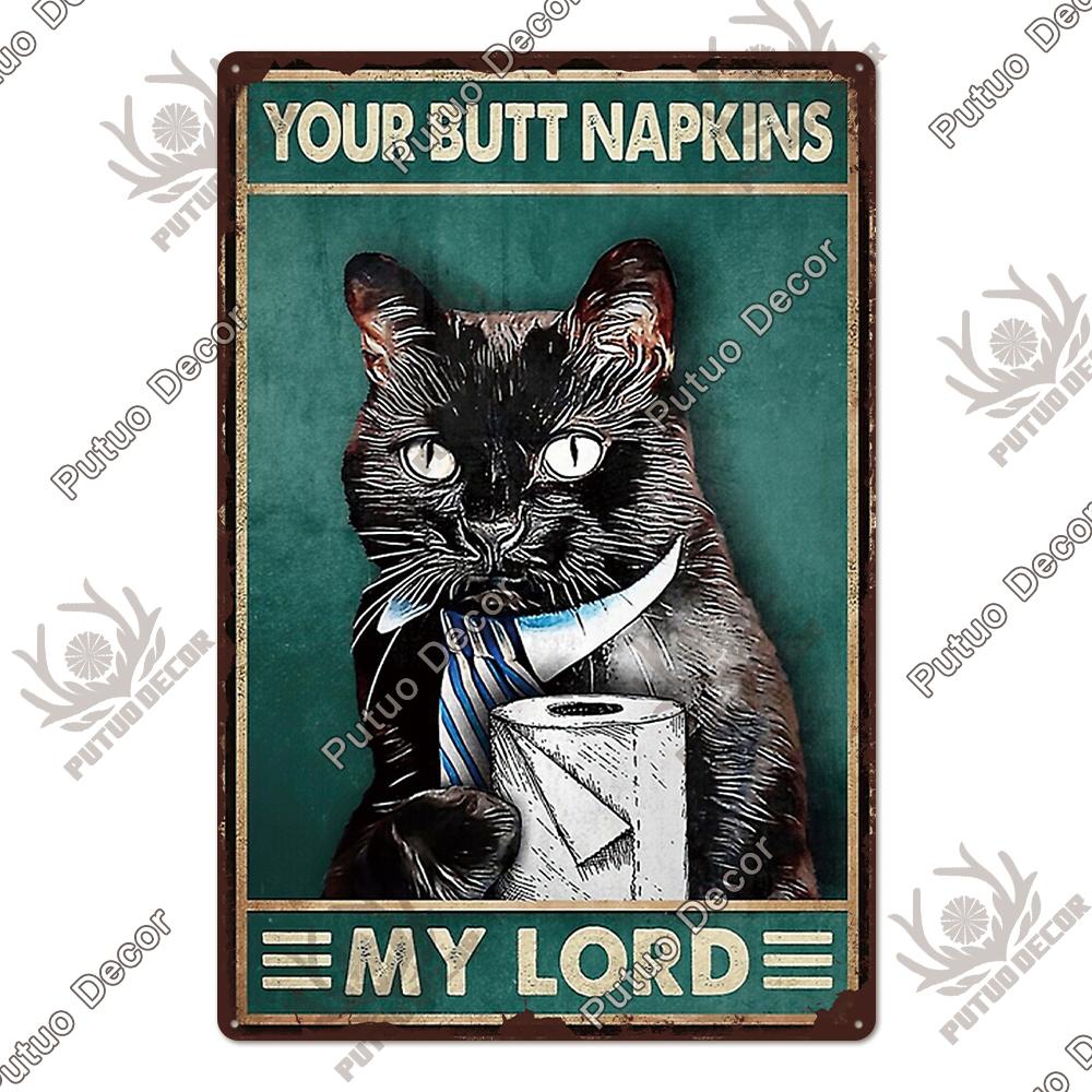 Putuo Decor Black Funny Cat Metal Sign Vintage Plaque Metal Retro Animals Tin Poster for Living Room Home Decoration Wall Decor