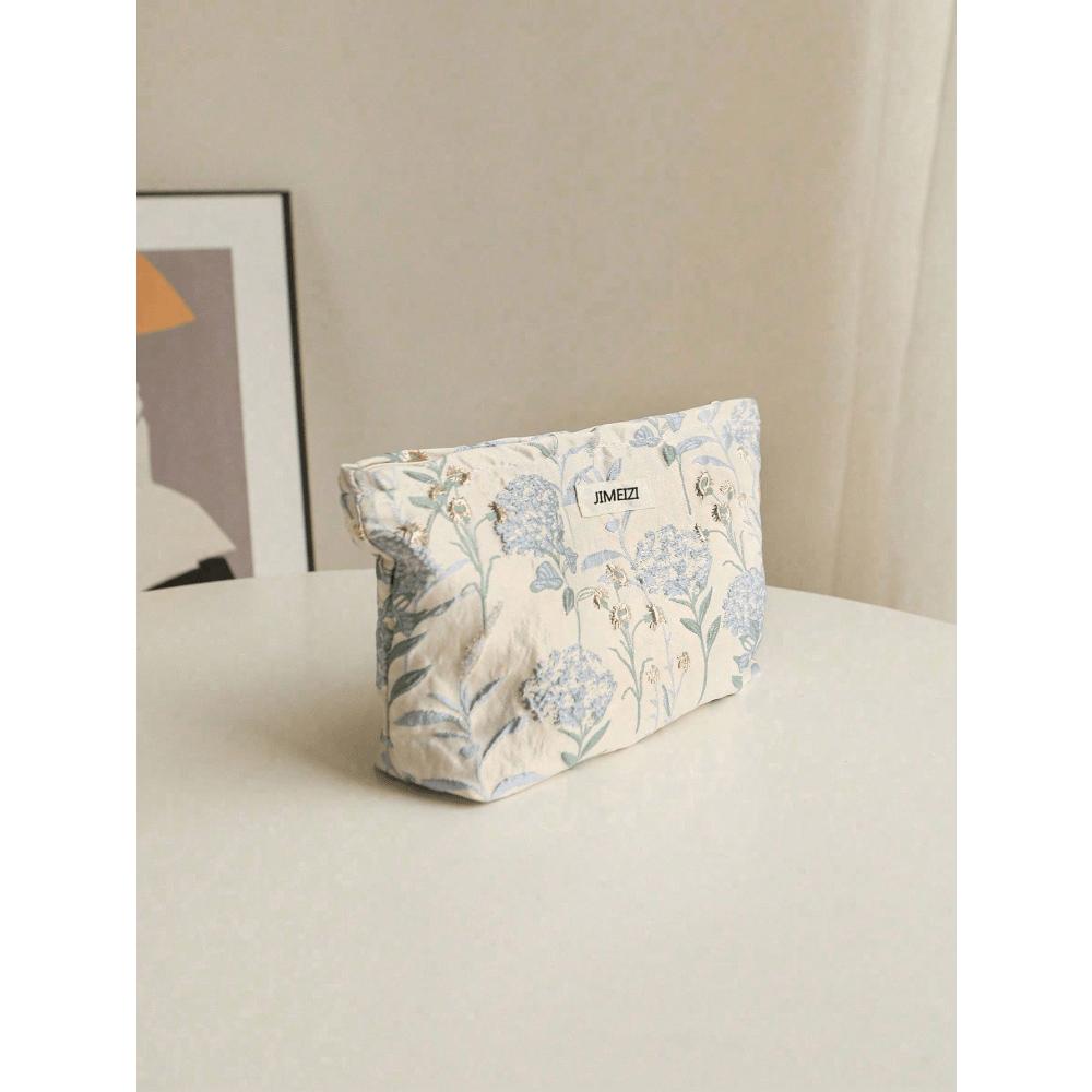 Blaues Blumenmuster Damen Große Kapazität Kosmetiktasche, Tragbare Toilettenartikel-Aufbewahrungstasche für Reisen, Schulbedarf, Reiseutensilien, Kosmetiktasche