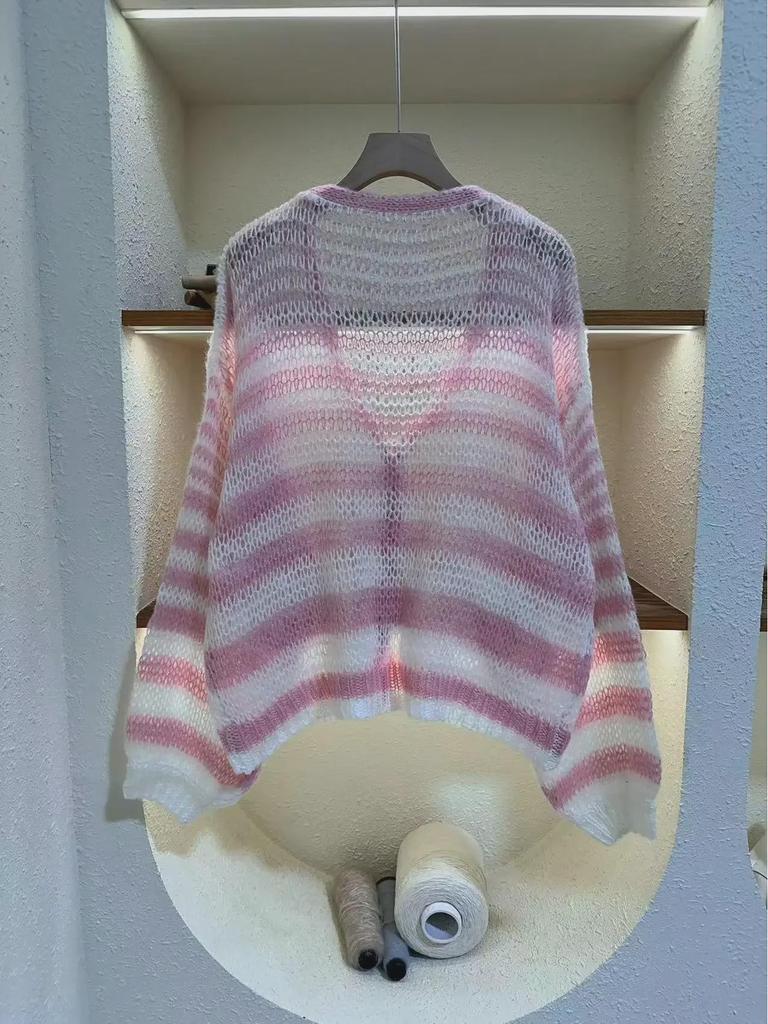 Women's Striped V-Neck Knit Cardigan Sweater - Lightweight, Loose, and Casual for Spring & Fall