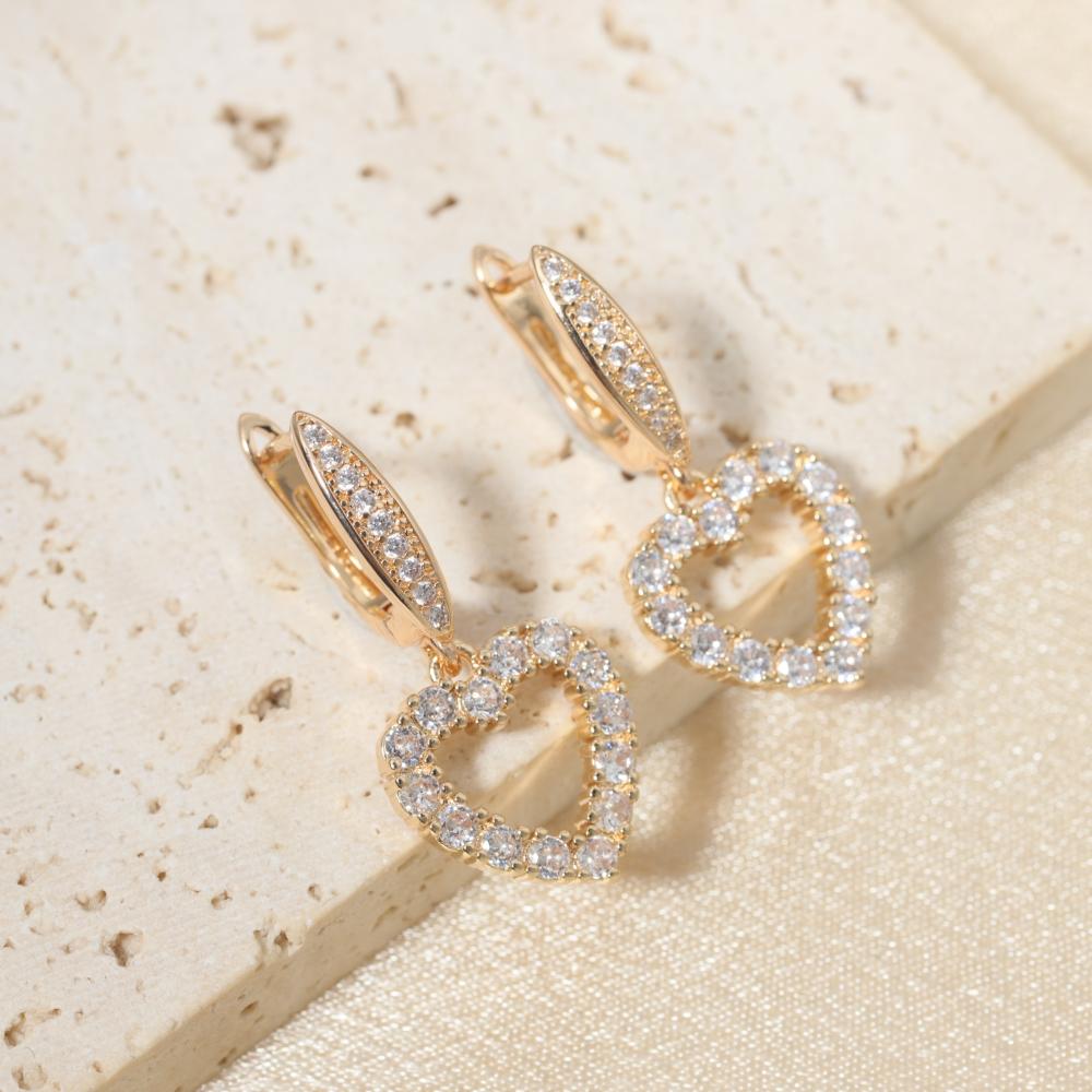 1 Pair Luxury Colorful Heart Shape Zirconia Dangle  Earrings for Women Golden Earring Jewelry Party Accessories