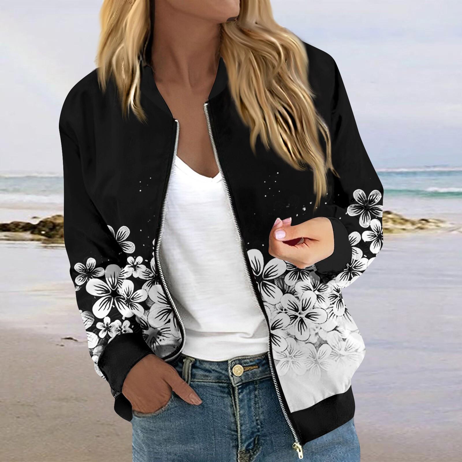 Women s Floral Print Bomber Jacket Lightweight Zip-Up Casual Outerwear with Pockets for Spring and Fall M