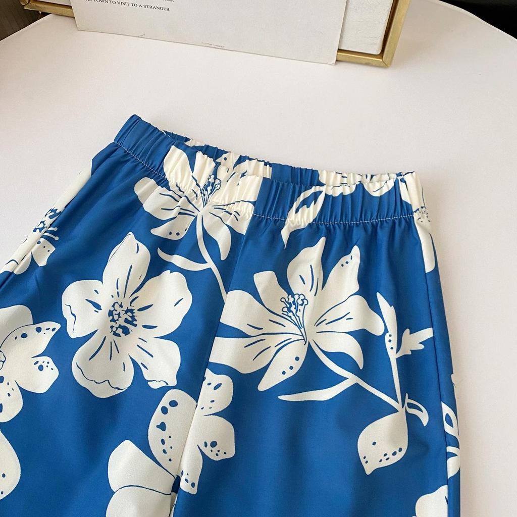 Girls' Summer Blue Floral Vacation Set with Spaghetti Strap Top & Straight-Leg Pants