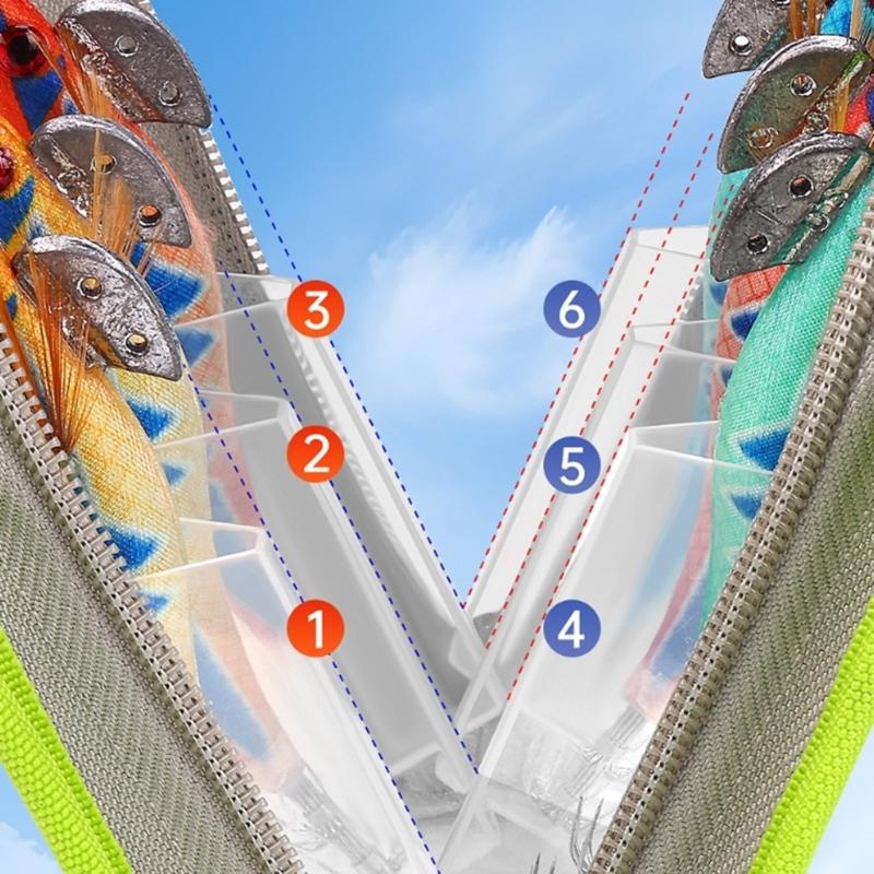 Clear Squid Jig Lure Hook Storage Case with 2 Way Zippers Portable Fishing Lures Bag for Squid Hook Baits 6 Compartment