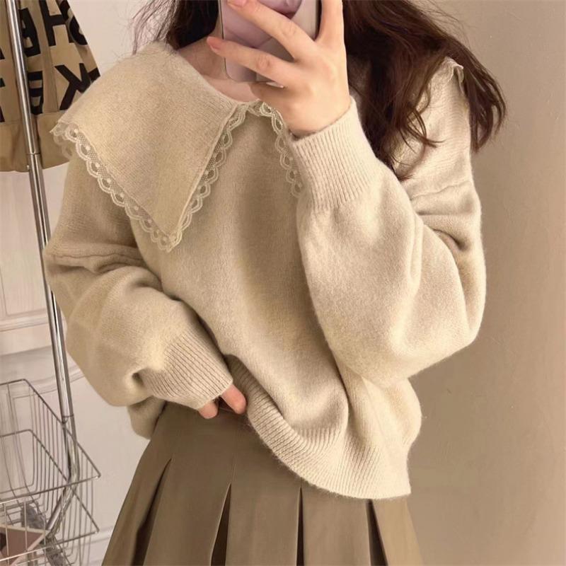 Autumn and winter new doll collar cute wind pullover sweater women's solid color loose age-reducing knitted sweater top
