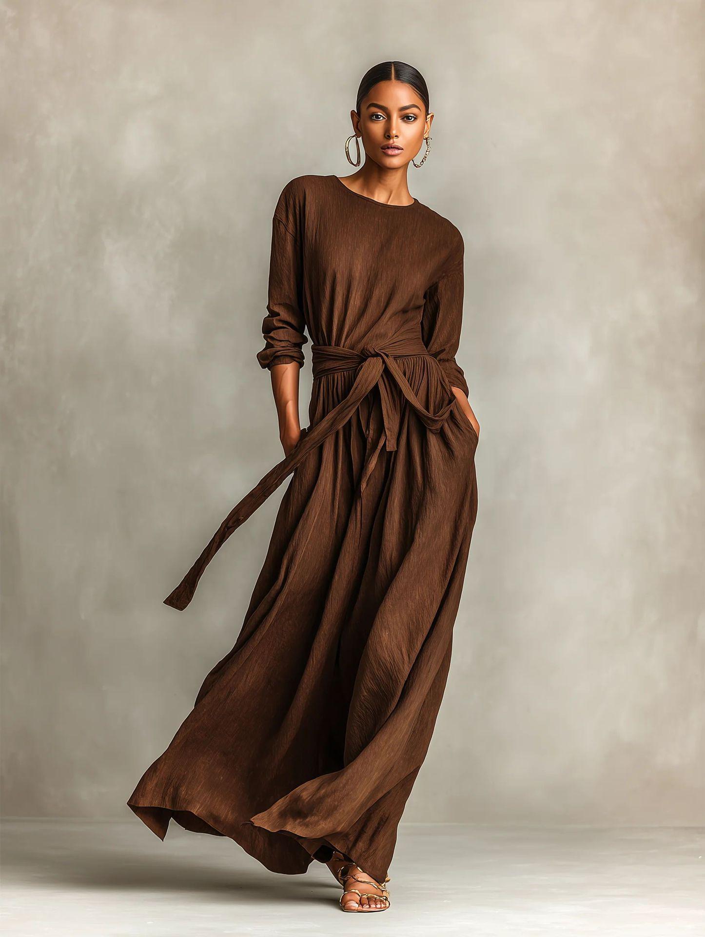 Elegant Brown Casual Long Sleeve Round Neck Women s Dress - New Spring Arrival 2026 XL темно-коричневого