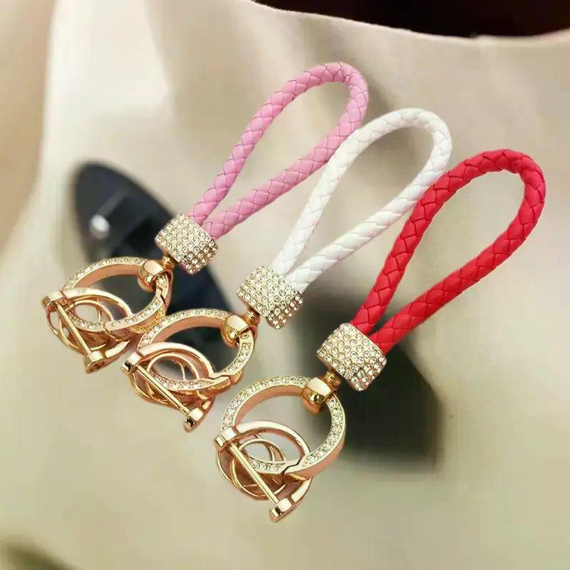 Handcrafted Braided Rope Keychain Sparkling Rhinestones - Stylish Monochrome Car Key Ring Fashion-Forward Accessory