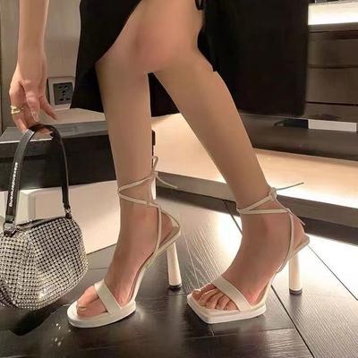 Summer New Ankle Strap Sandals Women's White Lace-up Open-toed Square Head Heels