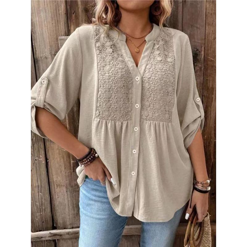 Plus Size Women S Lace Splice V Neck Long Sleeve Shirt