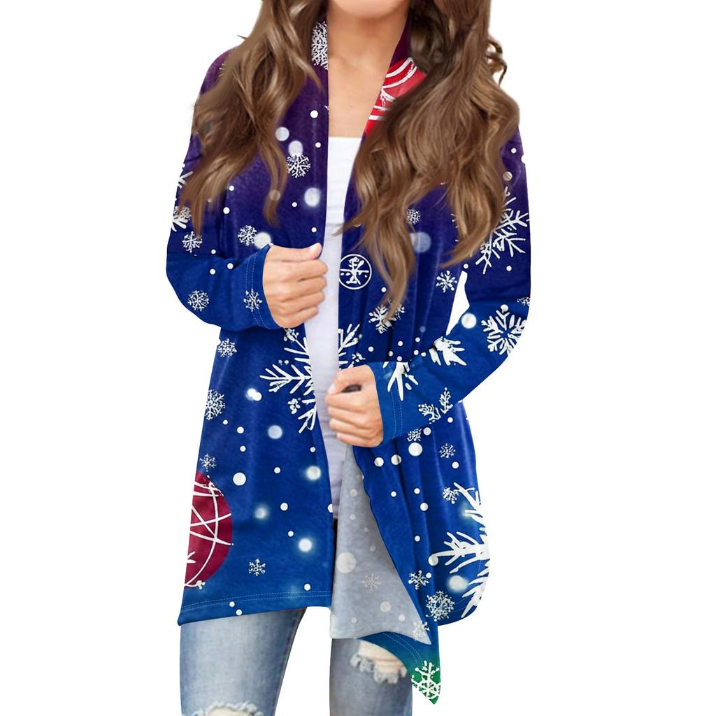 Women's Fashion Casual Christmas Print Medium Length Cardigan Jacket Coat
