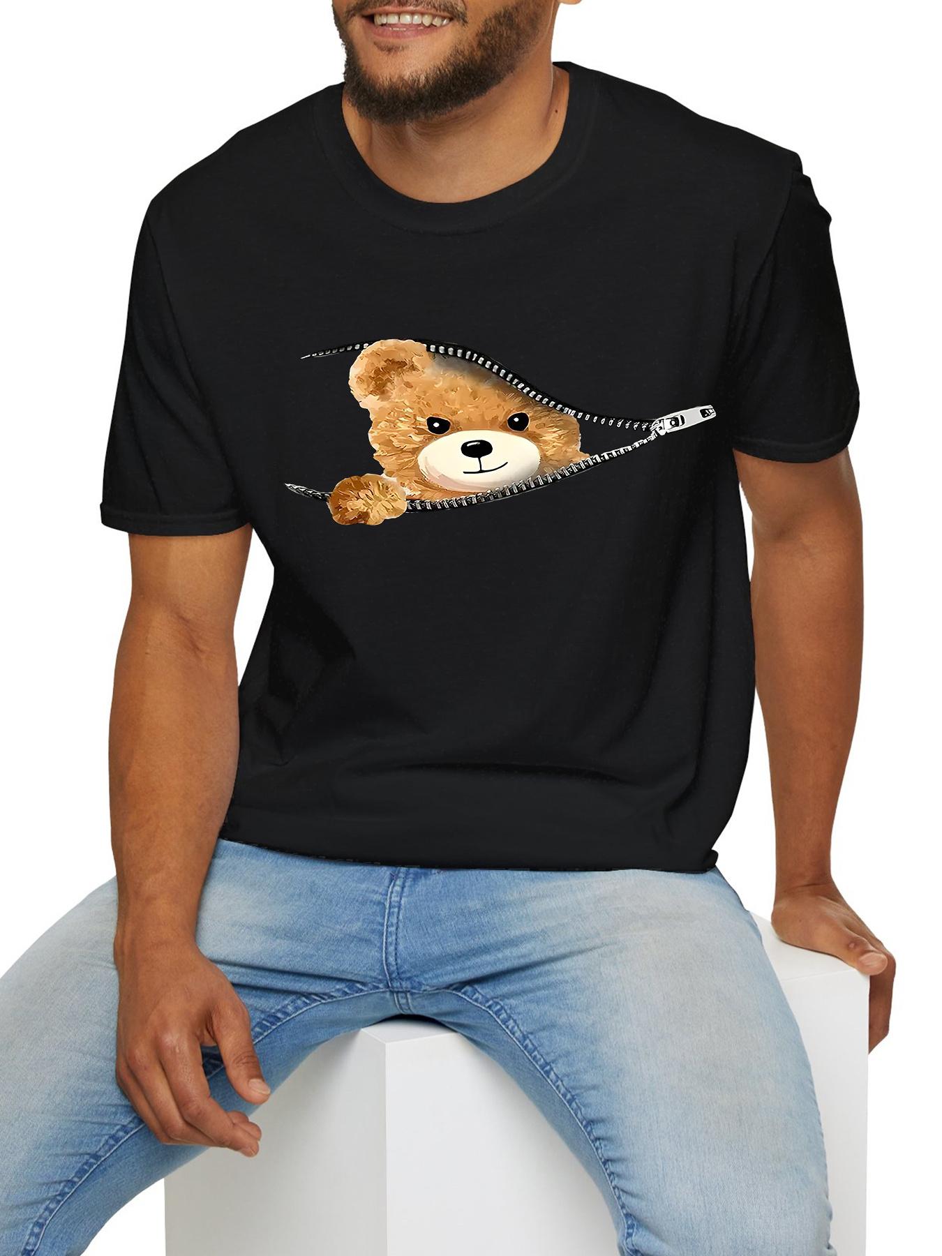 

[Everyday Comfort] Casual Black Cotton T-shirt with Teddy Bear Zipper Graphic - Short Sleeve M