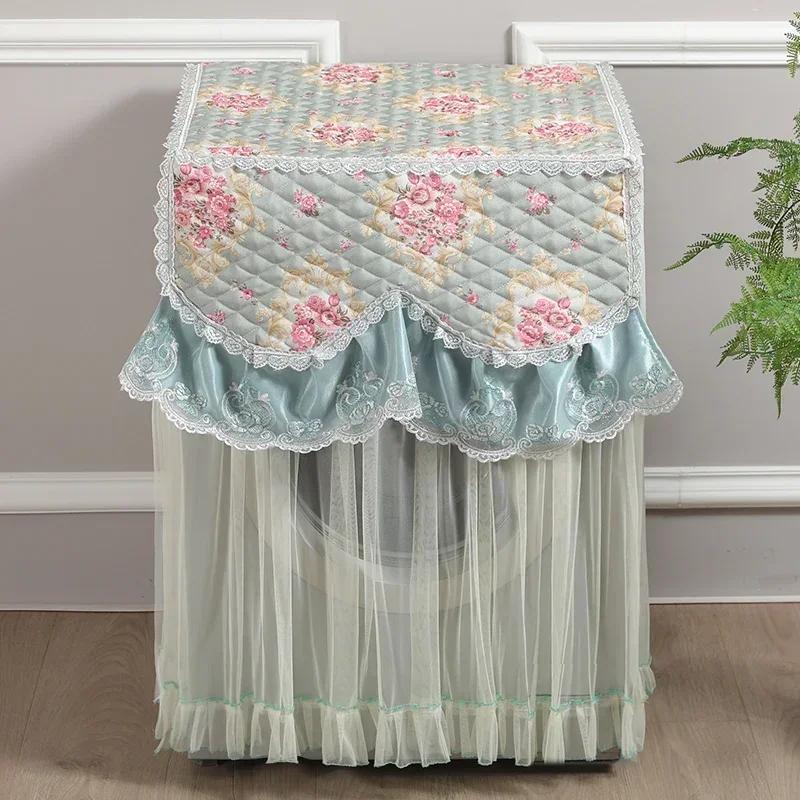 Washing Machine Cover Universal Washing Machine Cover with Roller and Wave Wheel Upflip Washing Machine Dustproof Lace Cover