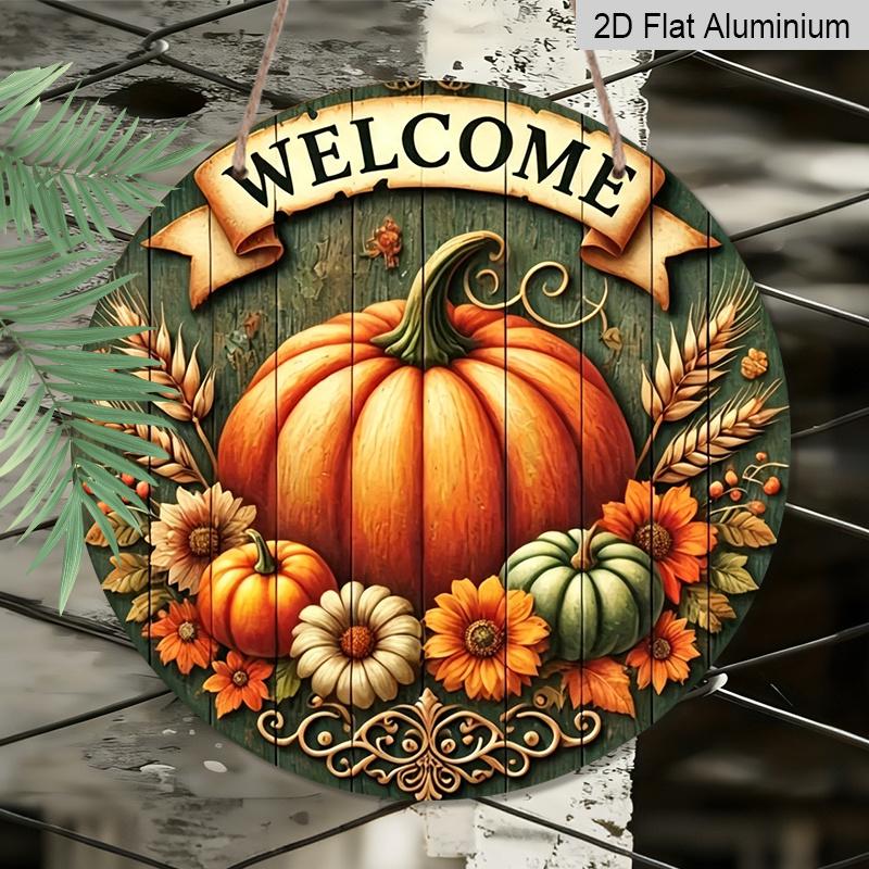 2D Flat, 1pc Aluminum Pumpkin Wreath Welcome Sign And Hanging Decor, Autumn And Thanksgiving Hanging Decoration, Suitable for Fall Harvest Greeting