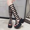 Fashion 2025 Women's Summer Boots Women Shoes Fashion Cutout High Top Sandals Breathable Striped Roman Shoes Platform Boots Thigh High