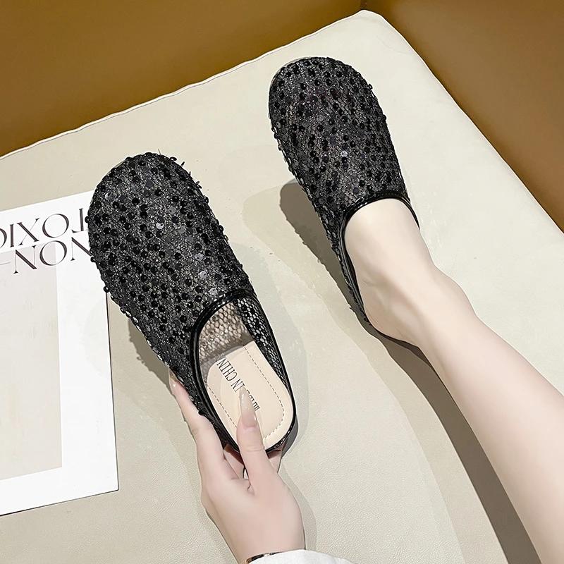 

Мода 2025 Весенняя мода Туфли-шлепанцы Баотоу для Круглого носка Пайеточная ткань Сетчатые Дышащие Мягкая подошва Противоскользящие Износостойкие Балетки 35 чёрный