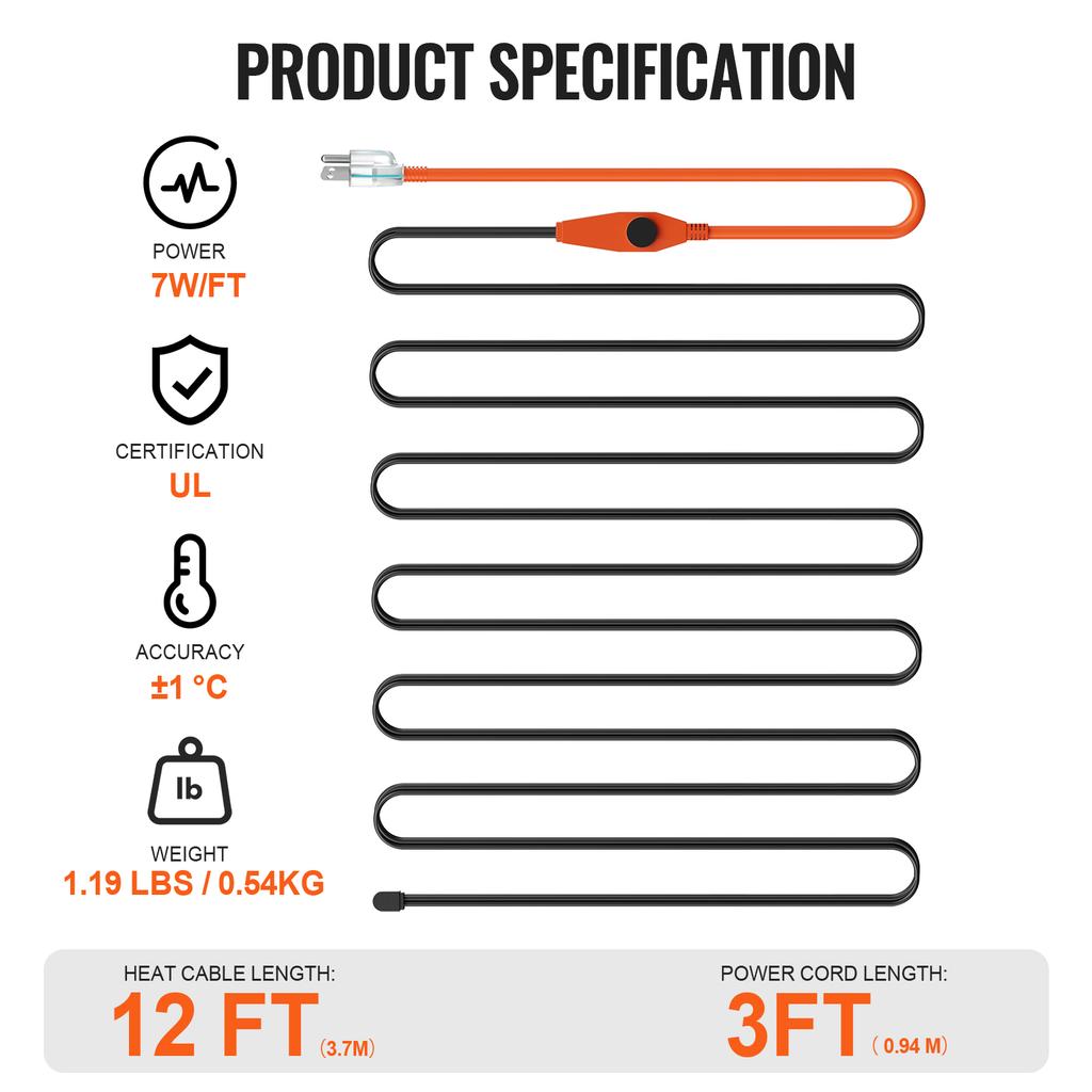 SucceBuy Pipe Heating Cable 24FT/30FT/12FT/18FT 6FT Heat Tape Pipe Heat Cable Protects PVC Hose Metal Plastic Pipe from Freezing