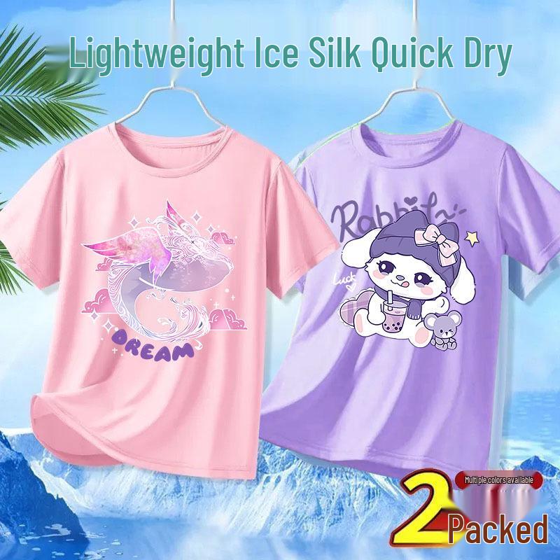 Girls' Ice Silk Mesh T-Shirt, Short Sleeve, Quick-Dry, Breathable, 2026 Style for Medium & Large Children