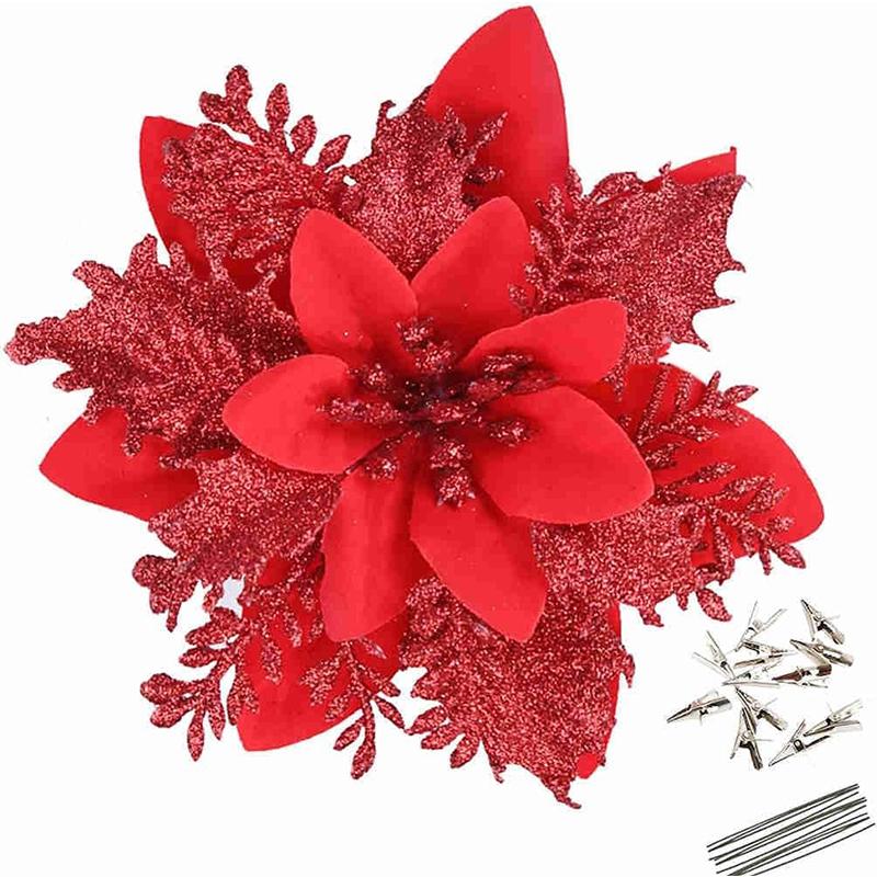 5/10 Stück Glitzer 14 cm künstliche Blumen mit Clips Stielen Weihnachtsdekoration Weihnachtsbaumschmuck Frohes Neues Jahr Navidad 2025 Deko