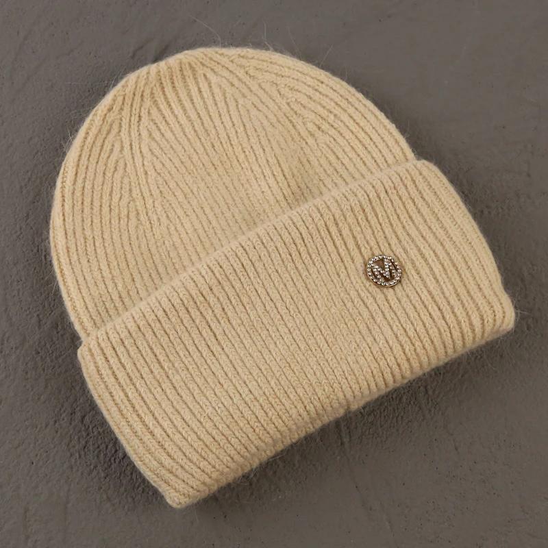 

Зимние вязаные шапки из меха кролика Анголы для женщин, модные однотонные теплые шапки из кашемира и шерсти, женские толстые шапки с тремя сгибами XS