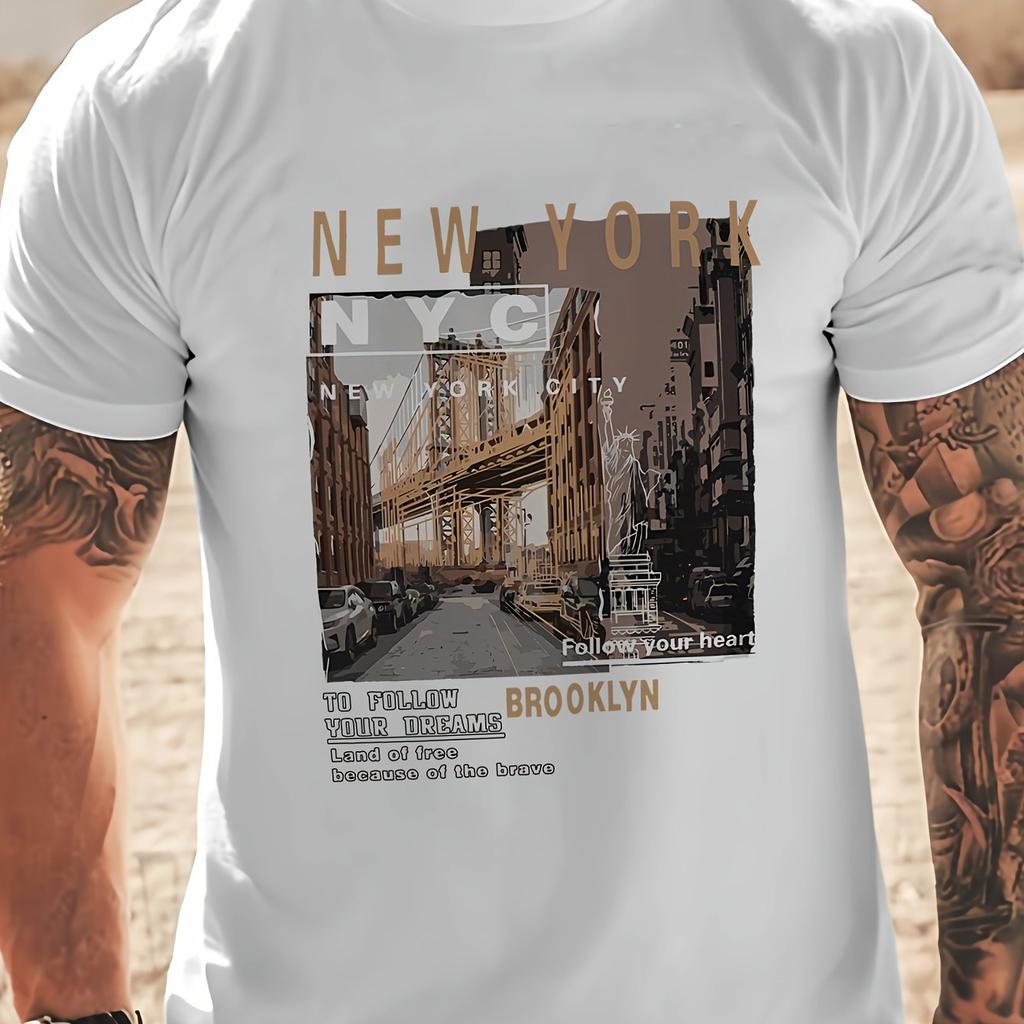 Men's Pure Cotton Summer Loose Casual New York Printed Round Neck Short Sleeved Street Soft Breathable T-shirt Large Size