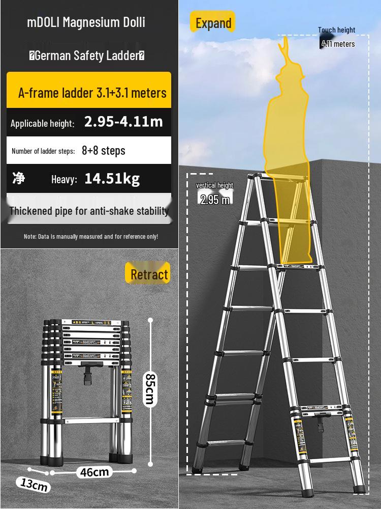 Magdolli Stainless Steel Telescopic A-frame Ladder, Multifunctional Foldable Indoor Aluminum Alloy Stair Ladder