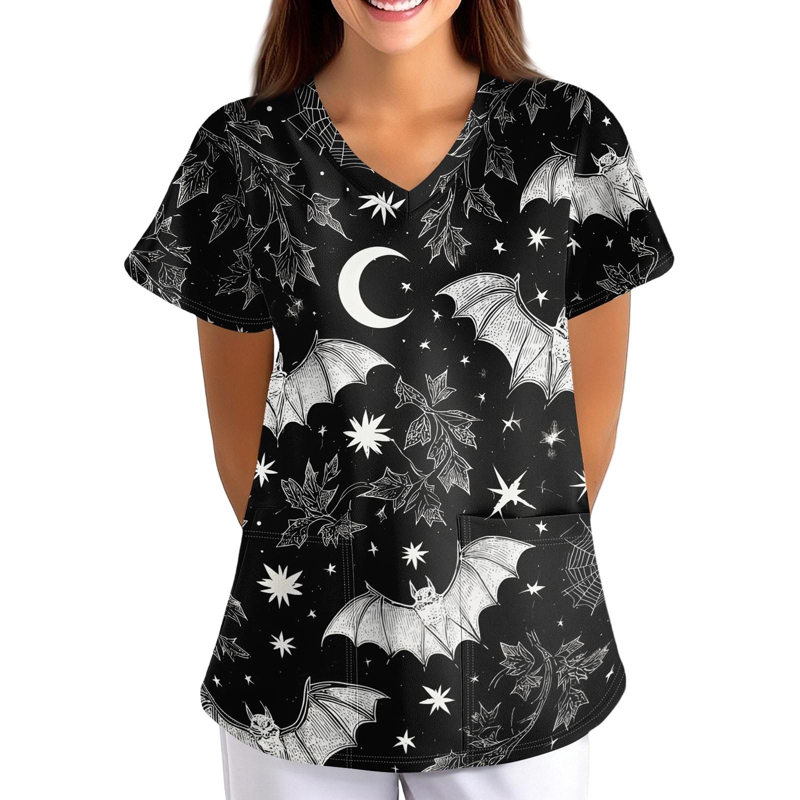 Women s Halloween Print V-Neck Short Sleeve Scrub Top with Pockets Loose Fit XXXXL