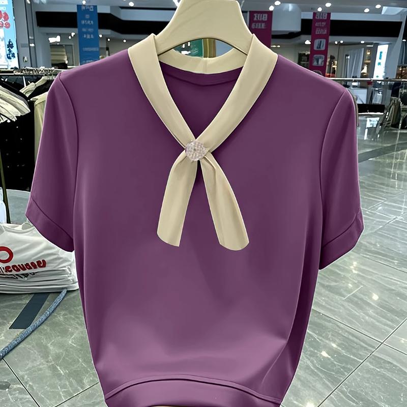 

Womens Bow Tie Neck Short Sleeve Casual Blouse M