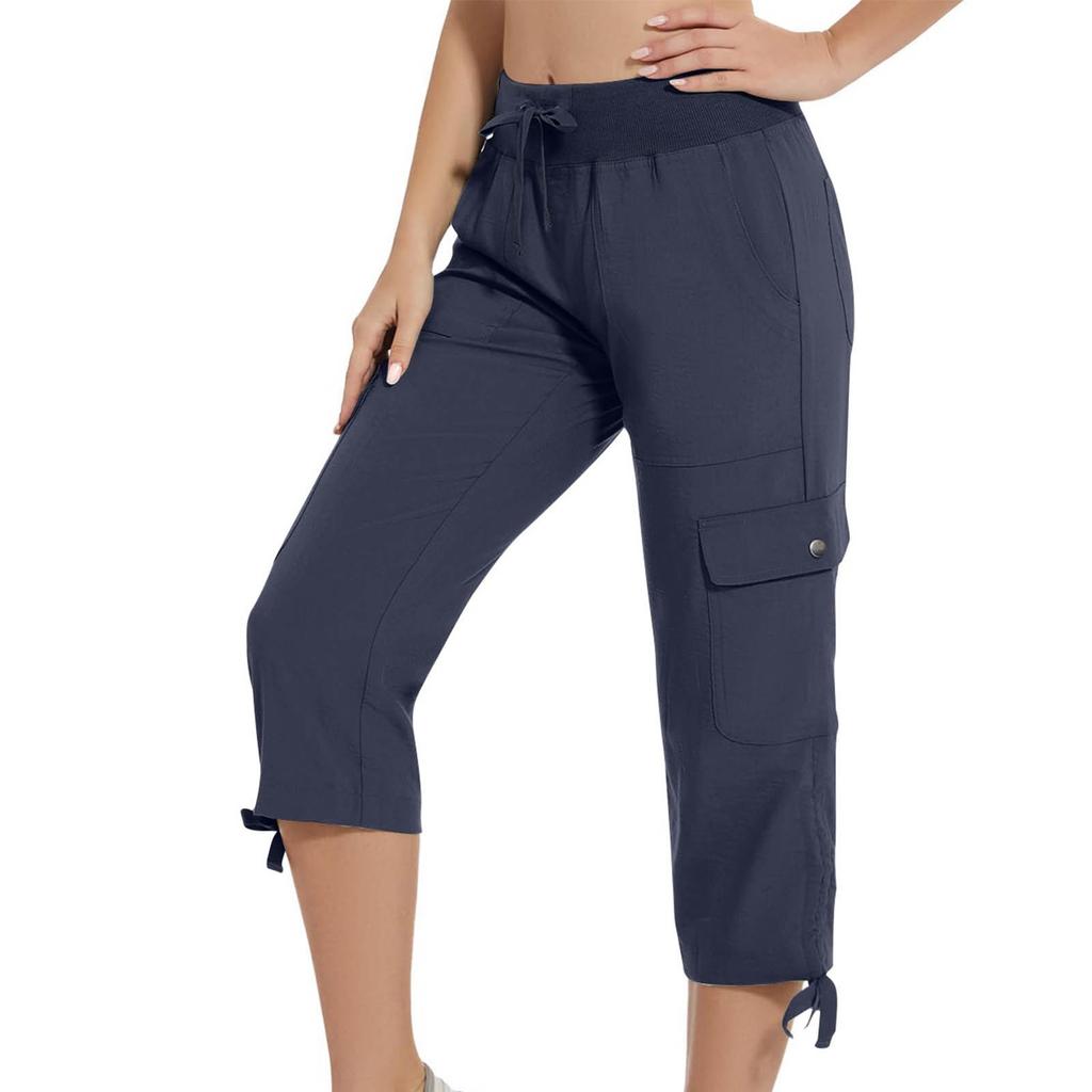 Damen Outdoor Capri-Hose mit Taschen Lockerer Schnitt Kordelzug Taille Reise Lässig Sieben-Achtel-Hose für den Alltag