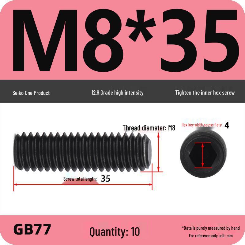 Class 12.9 Inner Hex Flat Head Headless Grub Screw M3-M12