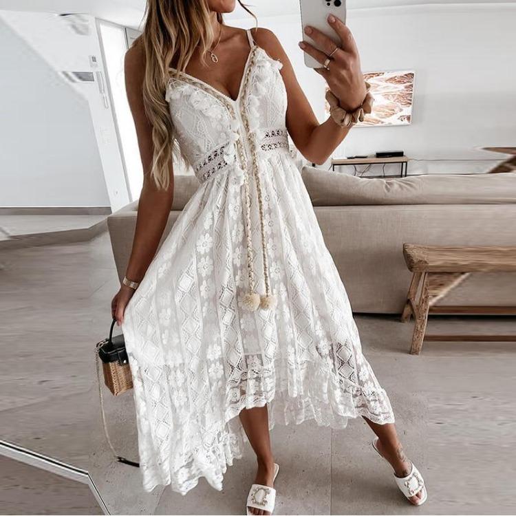 Women Sexy V Neck Lace Up Beach Cover Up Dress Loose Solid Color Summer Fashion