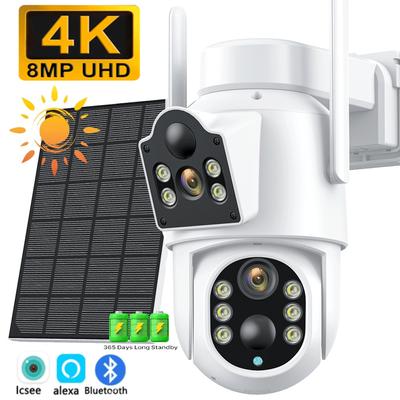 Wireless Solar Wifi PTZ Outdoor 4K 8MP Dual Len Low Power Security Battery Camera Color Night Surveillance Icsee