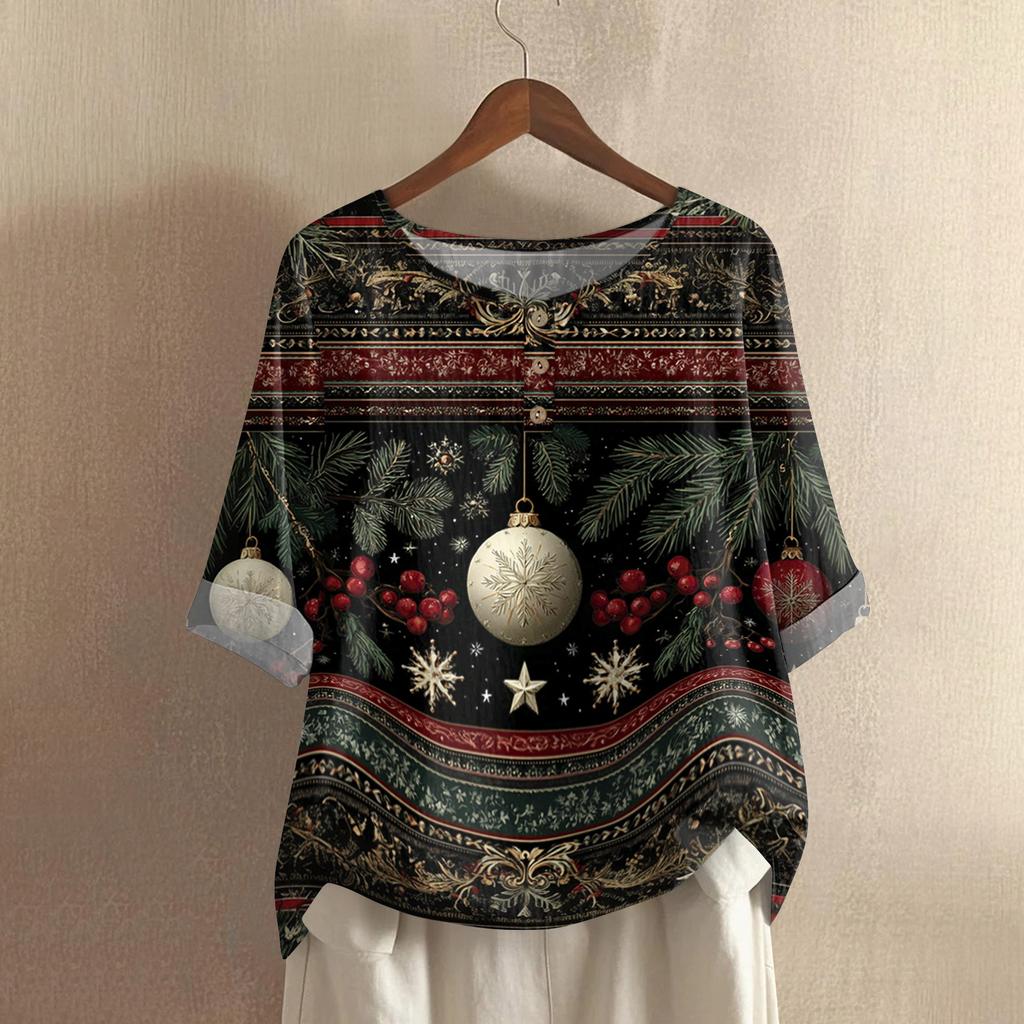 Women's Fashionable And Casual Shirt Half-sleeve Round Neck Print Cotton And Linen Blouse Top