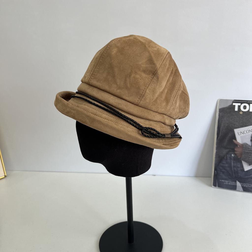 Suede bucket hat women's pleated basin hat retro autumn and winter versatile face small shade flanged hat tide