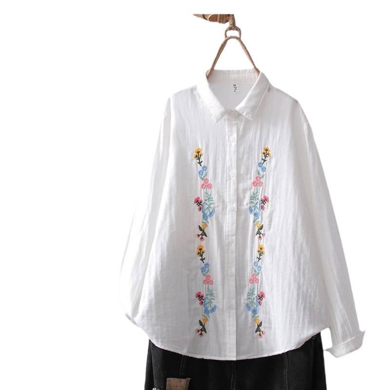 2026 Women's Floral Embroidery White Cotton Long-Sleeve Slimming Shirt