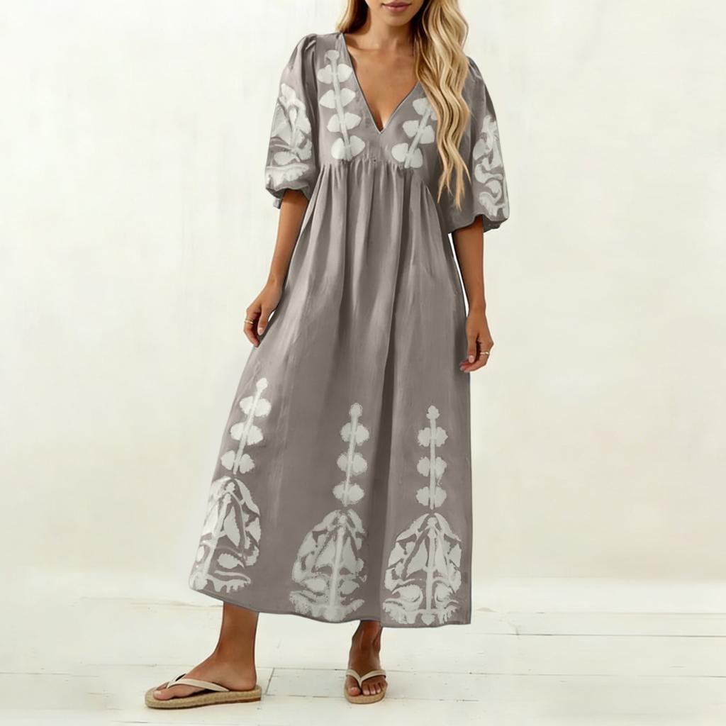 Abito Casual da Donna alla Moda con Scollo a V, Maniche a Bolla, Stampa Floreale, Vestibilità Larga, Schiena Svuotata, Manica a Tre Quarti