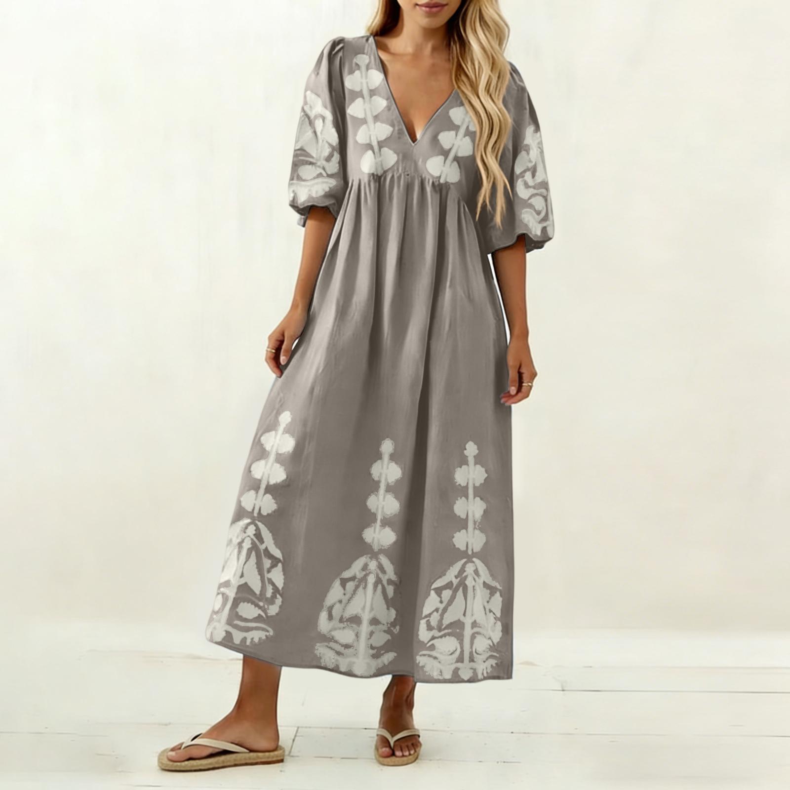 

Women s Fashionable V Neck Bubble Sleeve Floral Print Loose Casual Back Hollow Out Five Quarter Sleeve Dress XL